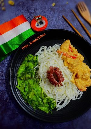 A picture of Shrimp Rice Noodles with stir fried vegetables.