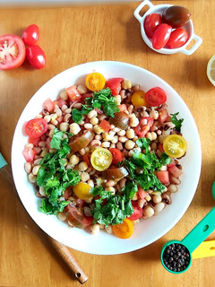 A picture of 3 Beans Salad with rainbow Tomatoes.