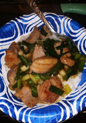 A picture of Stir Fried Pork Belly with Spring Onions.