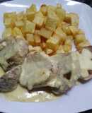 Peceto de cerdo con crema de mostaza y papas