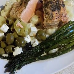 A picture of Brad's seared salmon w/ gnocchi carbonara.