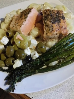 A picture of Brad's seared salmon w/ gnocchi carbonara.