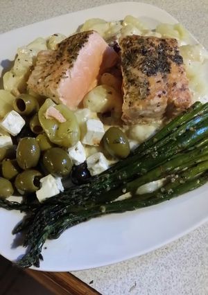 A picture of Brad's seared salmon w/ gnocchi carbonara.