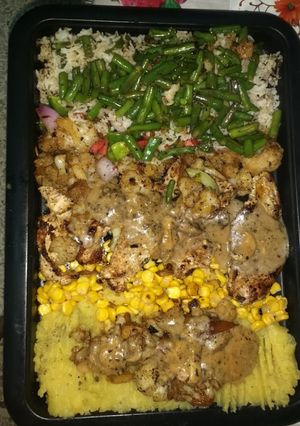 A picture of Chicken steak with mushrooms sauce & mashed potatoes.
