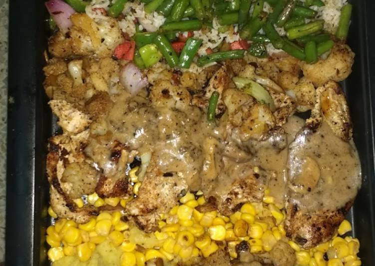 Chicken steak with mushrooms sauce, mashed potatoes,stir fried bhi