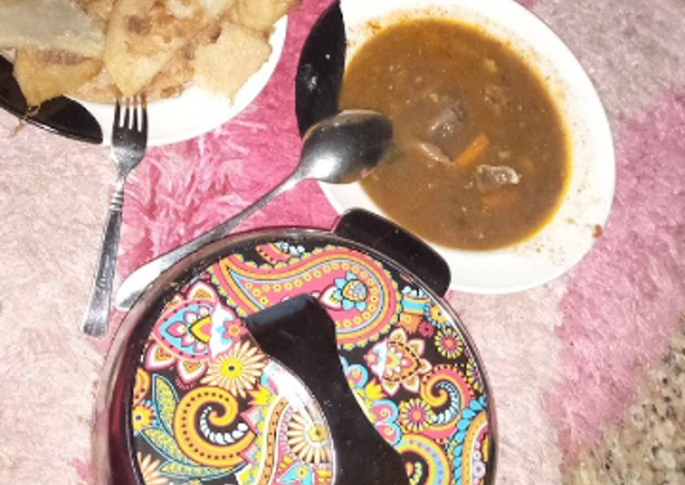 Fried yam and egg, plantain and meat pepper soup