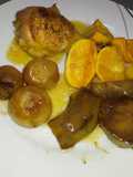 Patitas a la mandarina con cebollitas glaseadas y boniatos dulces
