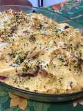 Gratin de polenta au lard, tomates, oignon, paneer et parmesan
