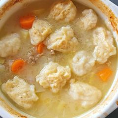 A picture of Oven cooked Irish stew and dumplings.