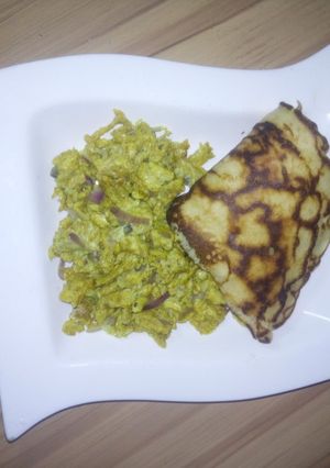 A picture of Pancake and scramble egg.