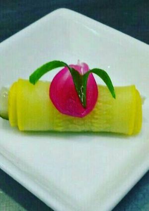 A picture of Vinegared zucchini,cucumber & shallots with cream cheese.