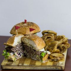 A picture of American lamb cheese burger.