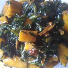 A picture of Unripe plantain porridge and Vegetable.