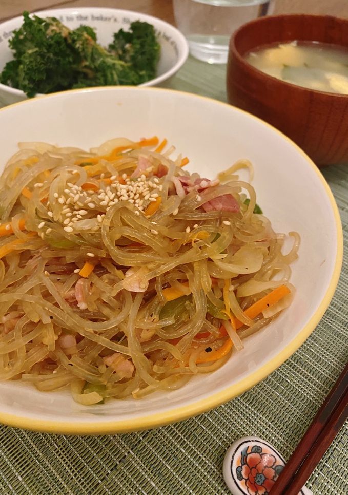 A picture of Japchae - Korean vermicelli with meat and vegetables.