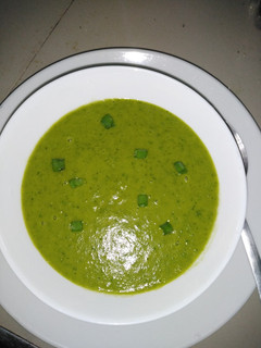A picture of Soup: Spinach, peas, carrots #themechallenge.