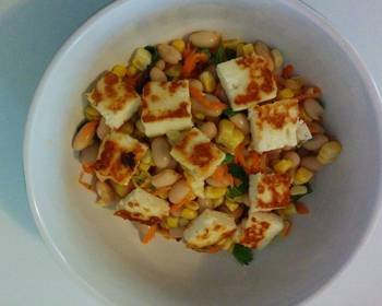 New Recipe Halloumi cannellini bean and roasted sweet corn salad Delicious Steady