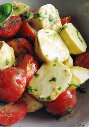A picture of Bocconcini & Cherry Tomatoes With Basil Miso Sauce.