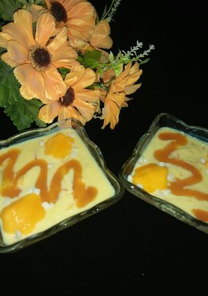 A picture of Mango yogurt with caramel twist.