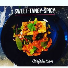 A picture of Pan-Fried Smoked Paprika Cod. Served with Pineapple Salsa+Herby Potatoes+Broccoli.