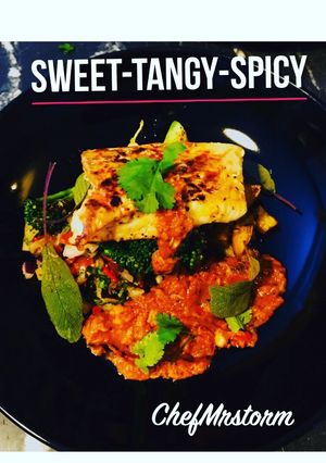 A picture of Pan-Fried Smoked Paprika Cod. Served with Pineapple Salsa+Herby Potatoes+Broccoli.