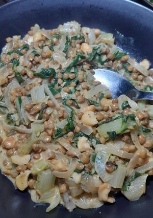 A picture of Silver beet and lentils.