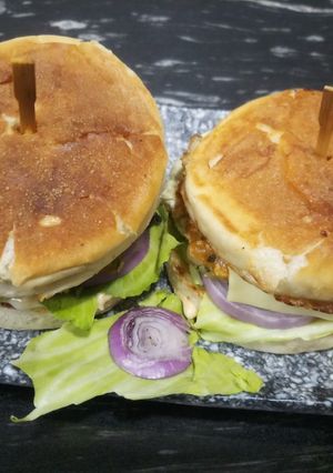 A picture of Paneer aloo double patty cheese burger.