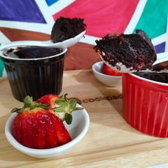 A picture of Strawberry, Nutella Chocolate Mug Cake 🍓🍓🍫🍫🍓🍓.