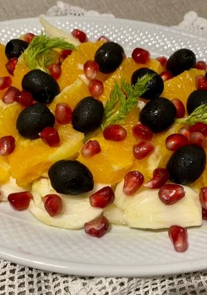 A picture of Fennel, Orange, Black Olive, and Pomegranate Salad.