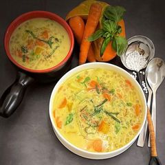 A picture of Tapioca Soup with Fall Vegetables.