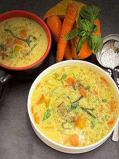 A picture of Tapioca Soup with Fall Vegetables.