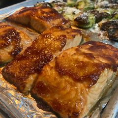 A picture of Teriyaki Salmon & Parmesan Brussel Sprouts.