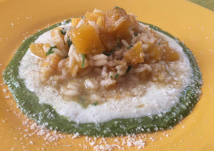 Risotto alla zucca su crema bi-gusto basilico e formaggio duetto