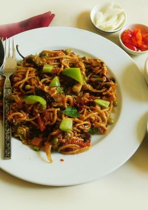 A picture of Aromatic, spicy, hot, Protein rich noodles cooked in Indo American Chinese style.