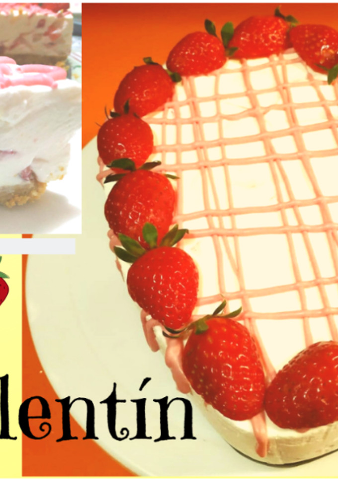 Una foto de Tarta San Valentín de queso y fresas sin horno