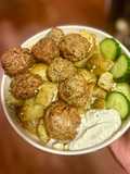 Greek turkey meatballs over lemon dill potatoes
