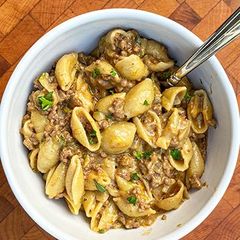A picture of Hearty Hamburger Helper with Wagyu Beef.