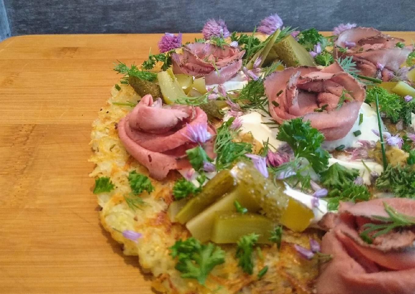 Rosti with summer herbs and beef roses