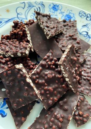 A picture of Reishi and chaga chocolate with crispy quinoa.