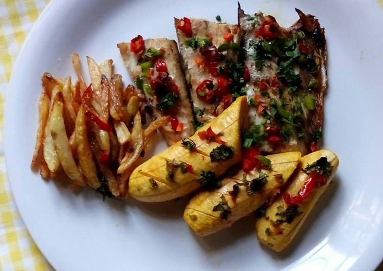 Steps to Make Super Quick Homemade Fish, chips and grilled Plantain