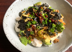 A picture of Nattō, Tofu, Avocado & Kimchi Rice Bowl.