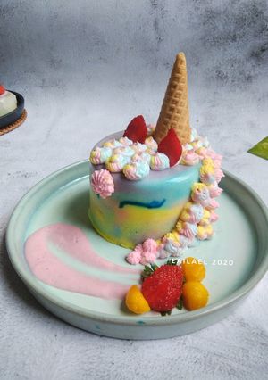 Foto resep Unicorn Pudding Cake with Vla Strawberry
