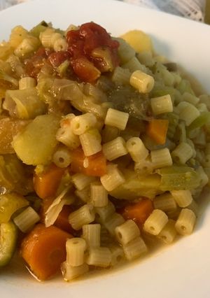 A picture of Fresh Minestrone with Tubettini and Vegetable Purée from Scraps.