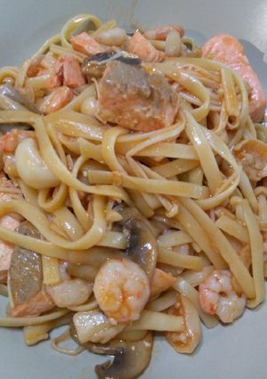 A picture of 三菇海鲜意大利面 Trio-Mushrooms Seafood Linguine.