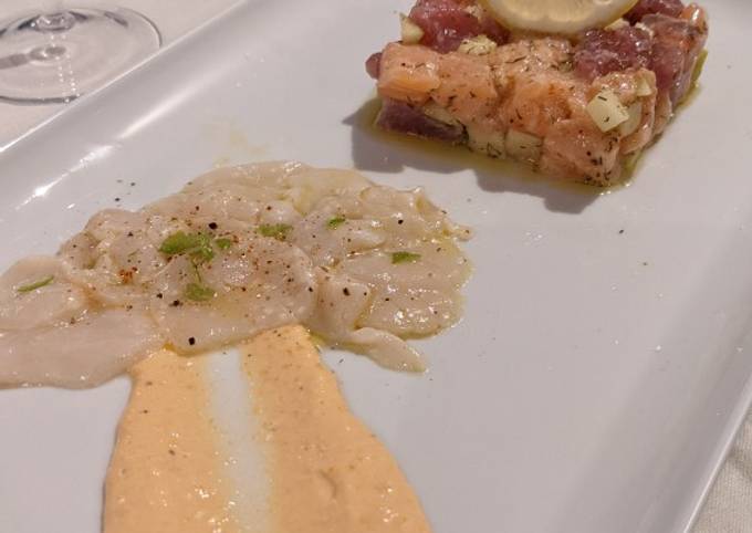 Carpaccio saint Jacques/Tartare saumon thon/Sauce corail jack Da