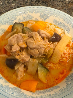 A picture of Eggplant & Chicken Thai Red Curry.