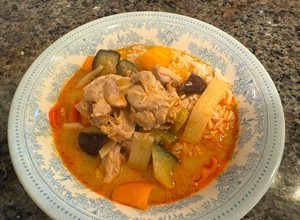 A picture of Eggplant & Chicken Thai Red Curry.
