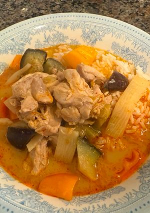 A picture of Eggplant & Chicken Thai Red Curry.