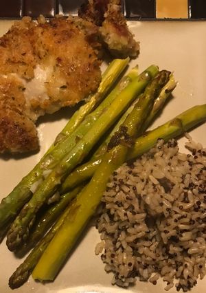 A picture of One Pan Lemon Parmesan Chicken and Asparagus.