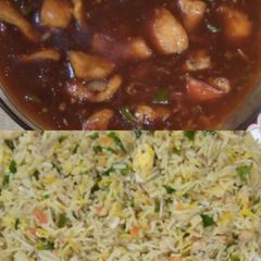 A picture of Chicken fried rice with chicken Manchurian.
