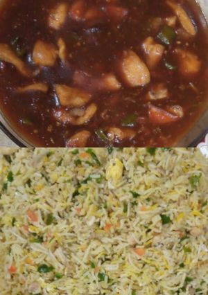 A picture of Chicken fried rice with chicken Manchurian.